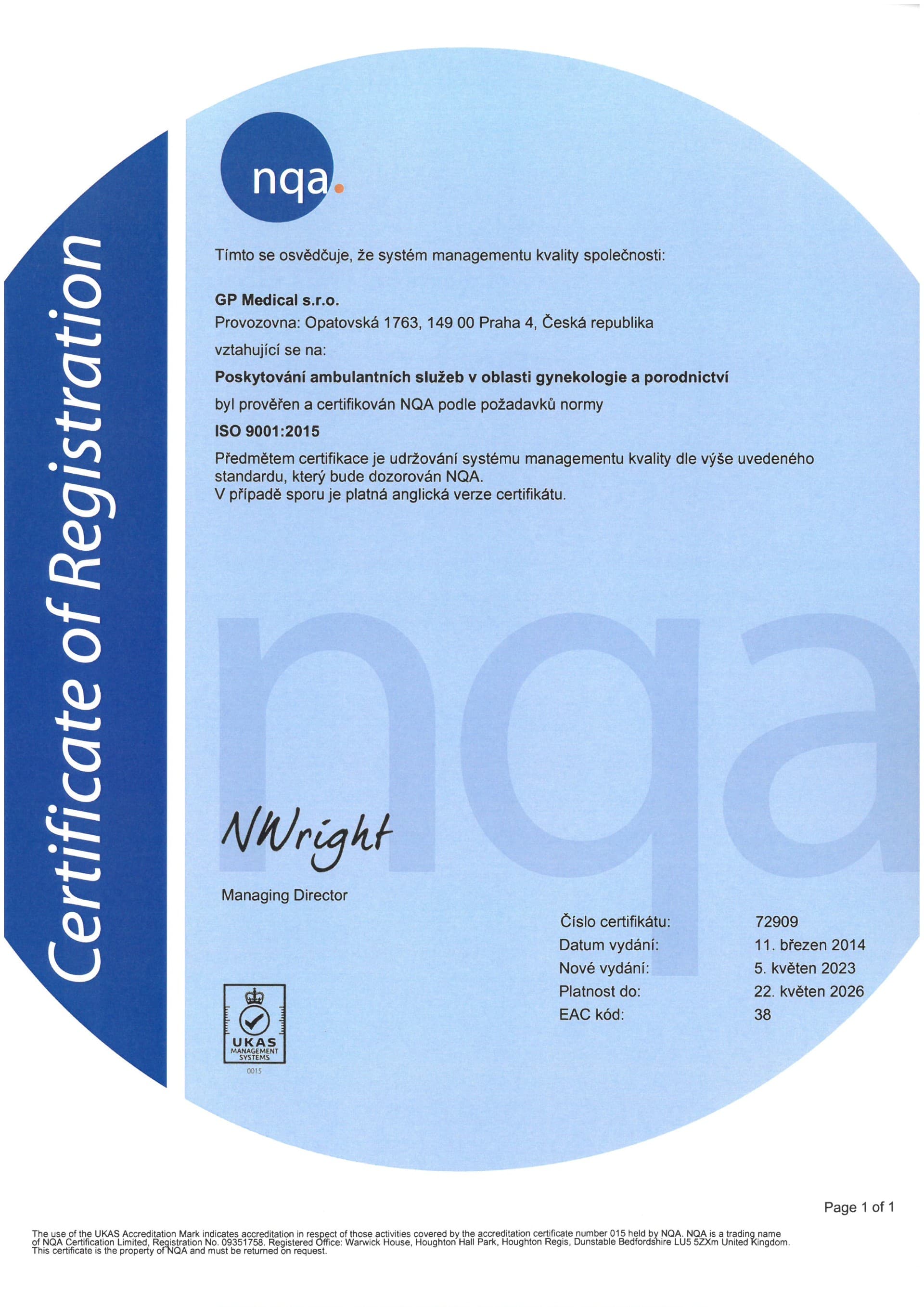Certifikát ISO 9001:2015 CZ